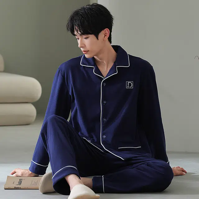 浮光岛屿 简约纯色时尚翻领高级感家居服舒适亲肤保暖可外穿休闲睡衣套装 男款 礼盒装 藏青色