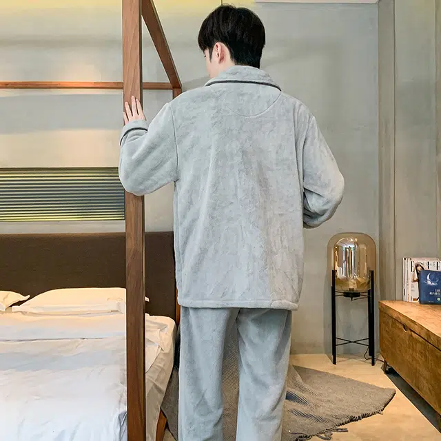 浮光岛屿 珊瑚绒睡衣男秋冬款加绒加厚保暖法兰绒简约翻领开衫可外穿 家居套装  男款  浅灰色