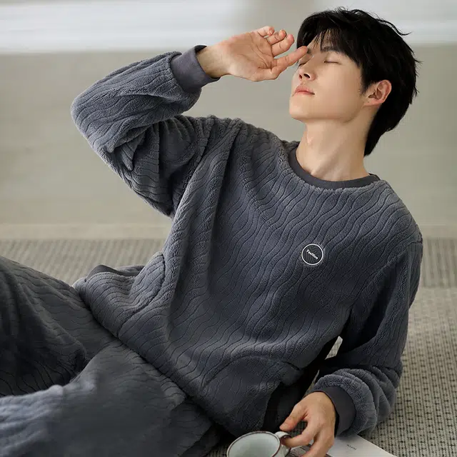 浮光岛屿 简约纯色波浪纹高级感家居服舒适亲肤保暖可外穿休闲睡衣礼盒 男款 淡蓝色