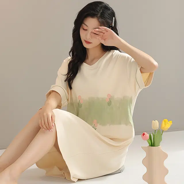 浮光岛屿 简约纯色柔软高级感带胸垫短袖休闲舒适亲肤凉爽透气可外穿家居服睡裙 女款 礼盒装 黄色