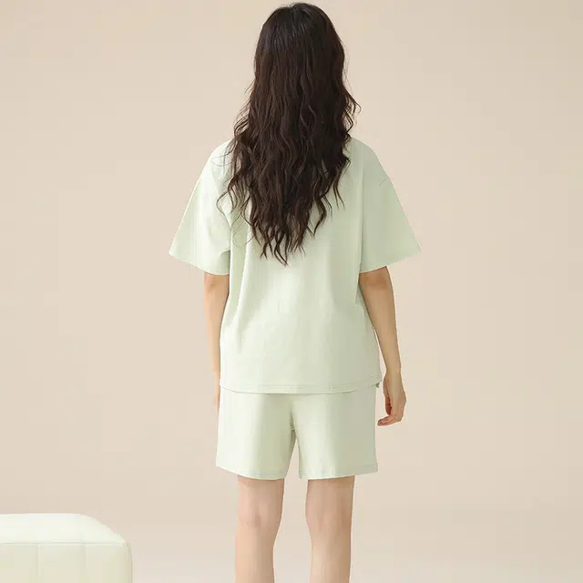 浮光岛屿 凉感纯棉短袖家居服简约时尚圆领休闲上衣短裤宽松实用可外穿睡衣套装 女款 礼盒款 薄荷绿