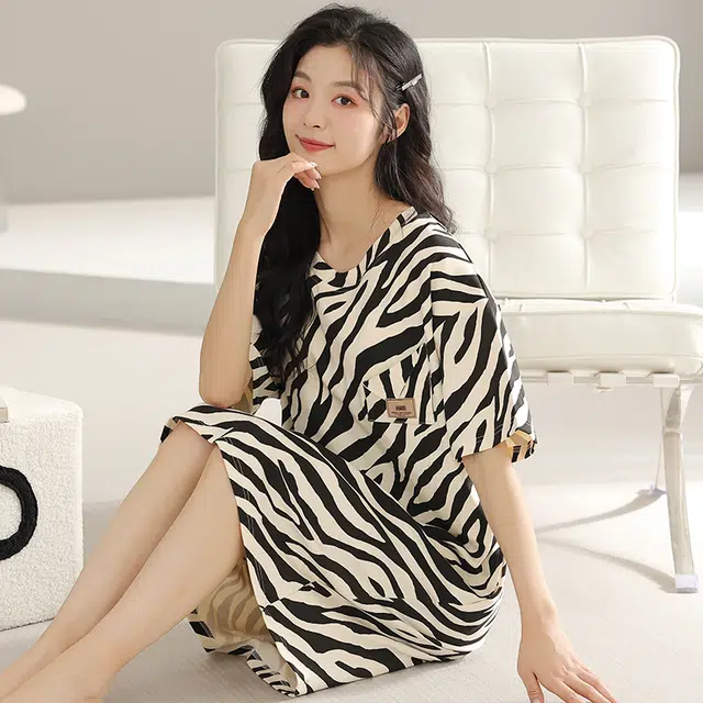 浮光岛屿 简约柔软抽象高级感带胸垫短袖休闲舒适亲肤凉爽透气可外穿家居服睡裙 女款 礼盒装 杏色