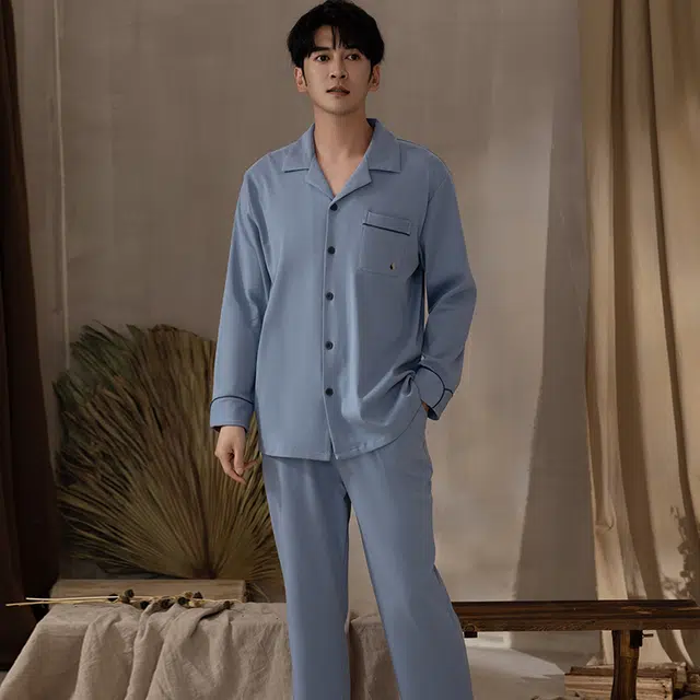 浮光岛屿 简约纯色超柔软翻领高级感长袖长裤家居服舒适亲肤透气可外穿休闲睡衣套装 男款 礼盒款 浅蓝色