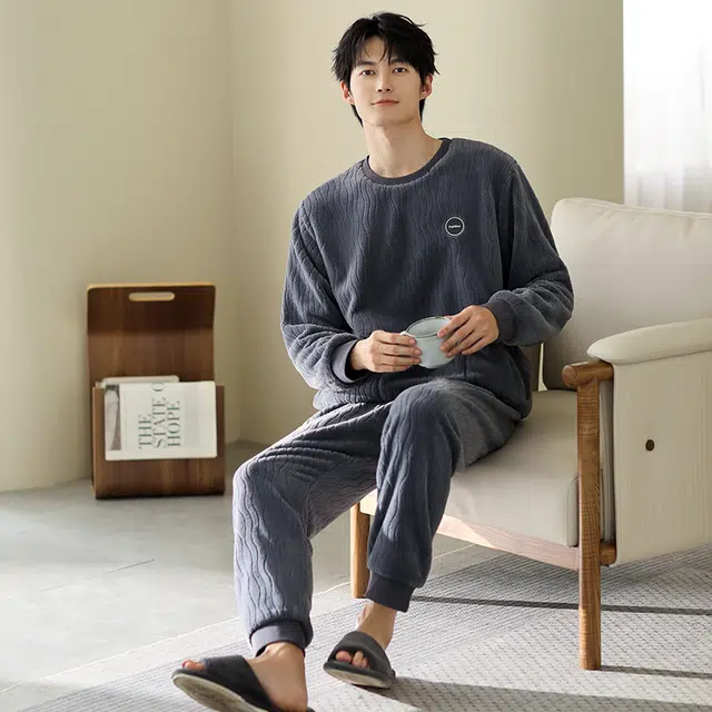 浮光岛屿 简约纯色波浪纹高级感家居服舒适亲肤保暖可外穿休闲睡衣礼盒 男款 淡蓝色