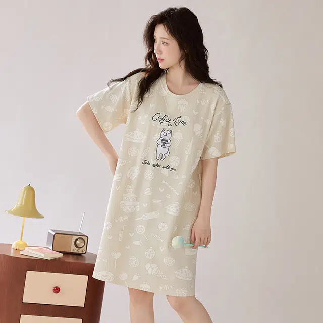 浮光岛屿 简约纯棉柔软字母印花图案高级感短袖带胸垫家居服舒适亲肤透气可外穿休闲睡裙 女款