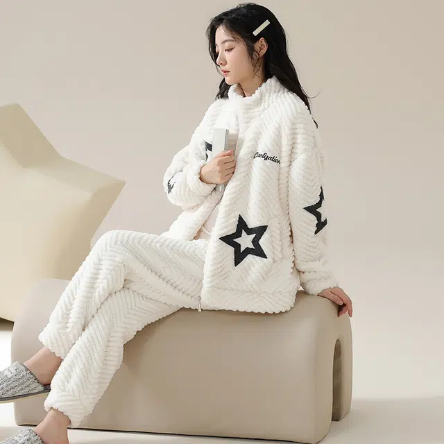 浮光岛屿 珊瑚绒睡衣女秋冬款加厚保暖法兰绒时尚嘻哈星星休闲宽松可外穿家居服 家居套装 女款 米白色