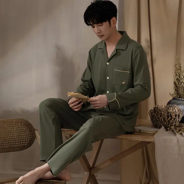 浮光岛屿 简约超柔软纯色翻领高级感长袖长裤家居服舒适亲肤透气可外穿宽松休闲睡衣套装 男款 礼盒装 灰色