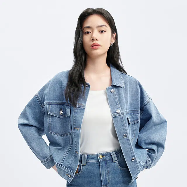 太平鸟 纯色翻领休闲宽松牛仔外套 女款 牛仔蓝