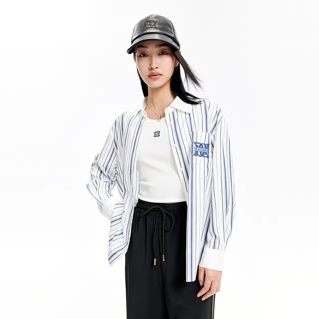 太平鸟 条纹撞色衬衫 女款 蓝色条纹