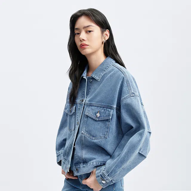 太平鸟 纯色翻领休闲宽松牛仔外套 女款 牛仔蓝