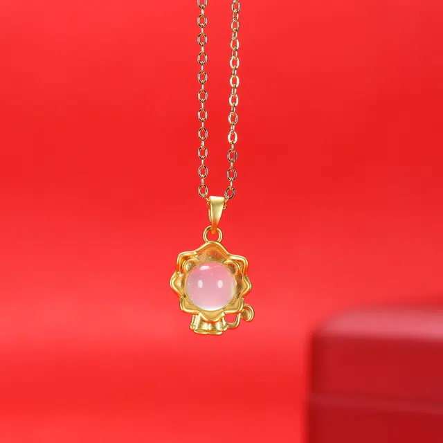 匠锁心玉 小狮子 轻奢小众 新中式 玉髓 合金 玉石项链 女款 玉髓