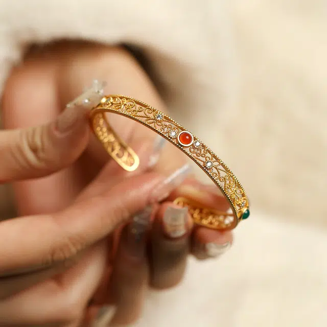 匠锁心玉 花丝镶嵌三彩 国潮古风 新中式轻奢小众 高级感设计 玛瑙 玉石手镯 女款