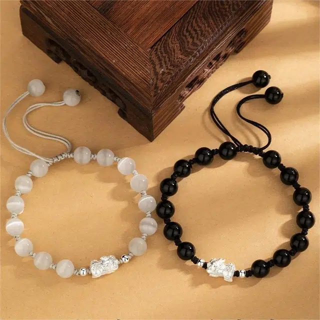 匠锁心玉 国潮古风貔貅 新中式转运 招财纳福 小众设计 黑曜石 玉石手链 男女同款情侣款