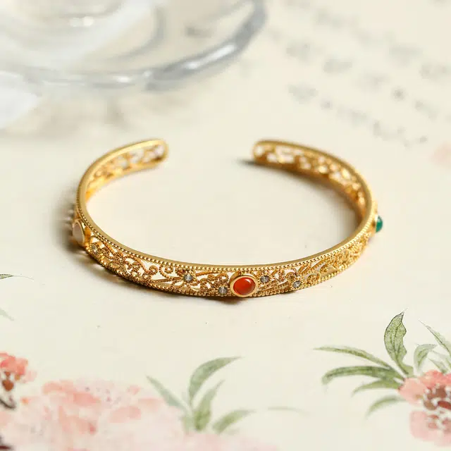 匠锁心玉 花丝镶嵌三彩 国潮古风 新中式轻奢小众 高级感设计 玛瑙 玉石手镯 女款