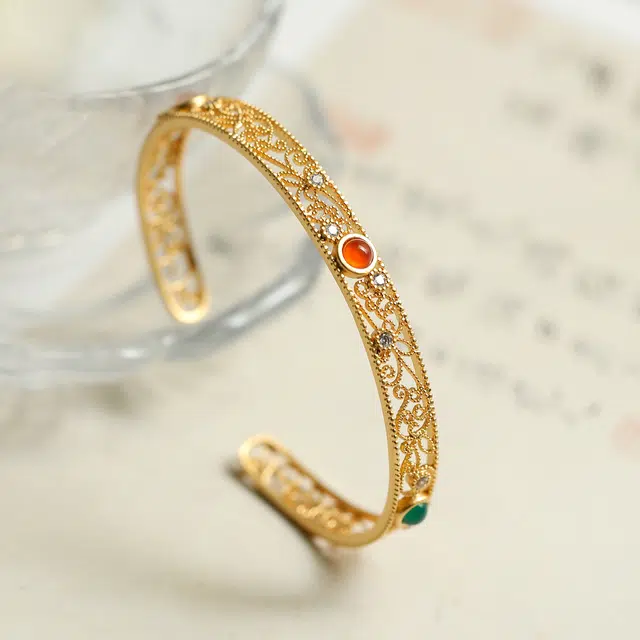 匠锁心玉 花丝镶嵌三彩 国潮古风 新中式轻奢小众 高级感设计 玛瑙 玉石手镯 女款