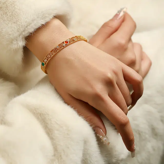 匠锁心玉 花丝镶嵌三彩 国潮古风 新中式轻奢小众 高级感设计 玛瑙 玉石手镯 女款