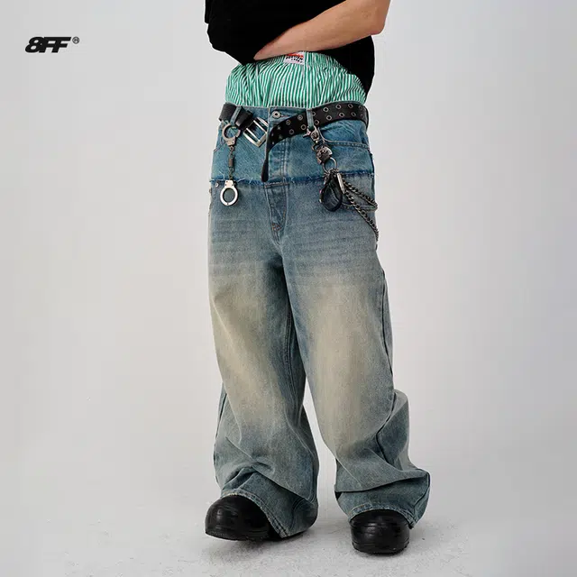 8FF SS25 Vintage Embroidered Straight Jeans Lake Blue Green