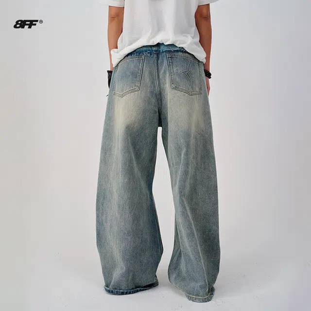 8FF SS25 Vintage Embroidered Straight Jeans Lake Blue Green