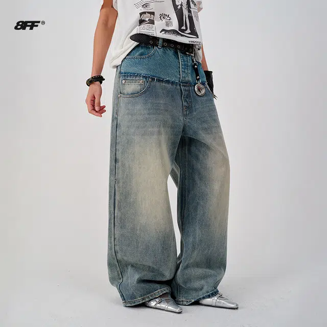 8FF SS25 Vintage Embroidered Straight Jeans Lake Blue Green