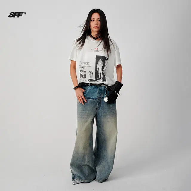 8FF SS25 Vintage Embroidered Straight Jeans Lake Blue Green