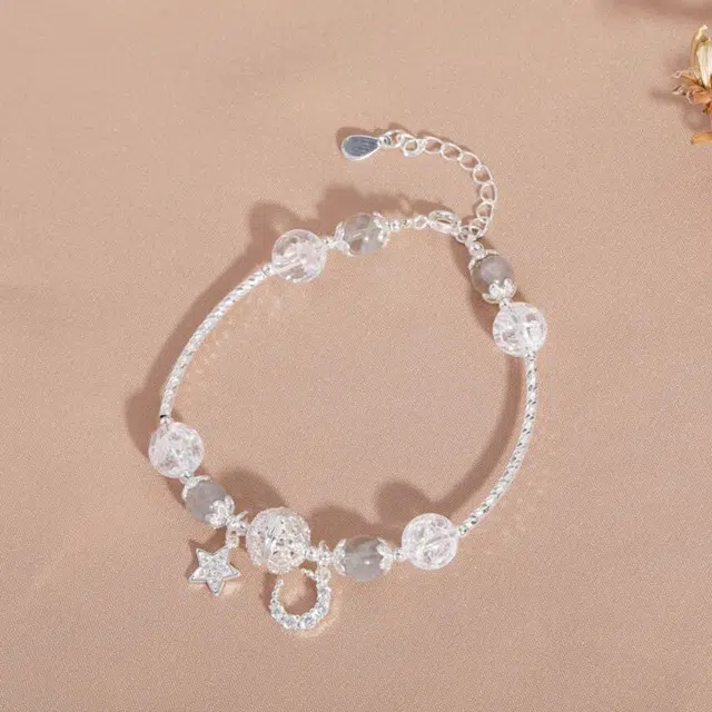 建禄 新中式月光石白爆花星星月亮学生手饰品 水晶 玉石手串 女款