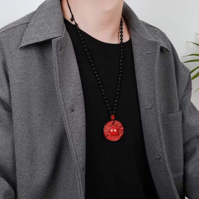 妍韵珠宝 双龙护主龙牌转运护身符平安扣 再造辰砂朱砂 玉石吊坠 男女同款情侣款