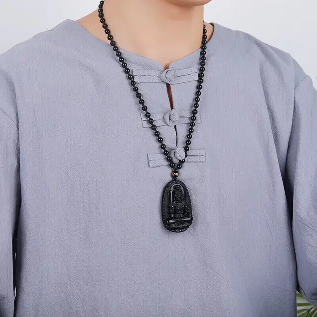 妍韵珠宝 文殊菩萨 属兔十二生肖守护神平安护身符挂件 黑曜石 吊坠 男女同款情侣款