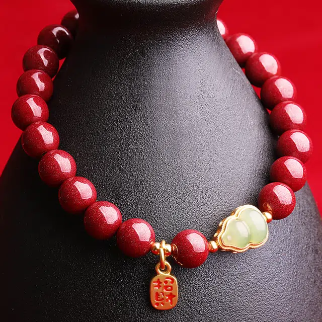 妍韵珠宝 新中式复古文艺风本命年紫金砂 福禄葫芦好运饰品 朱砂 玉石手串 男女同款情侣款
