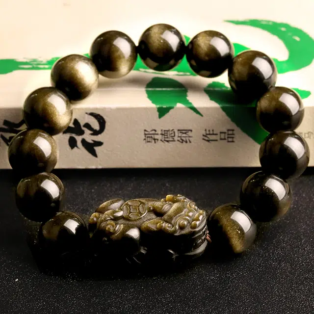 妍韵珠宝 貔貅金沙国风高级感 黑曜石 玉石手串 男女同款情侣款