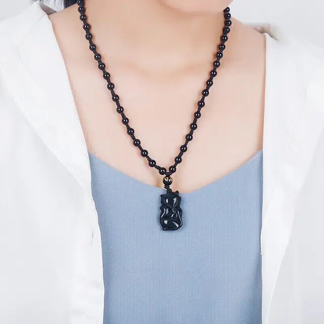 妍韵珠宝 彩虹眼狐狸平安护身符 黑曜石 玉石吊坠 男女同款情侣款