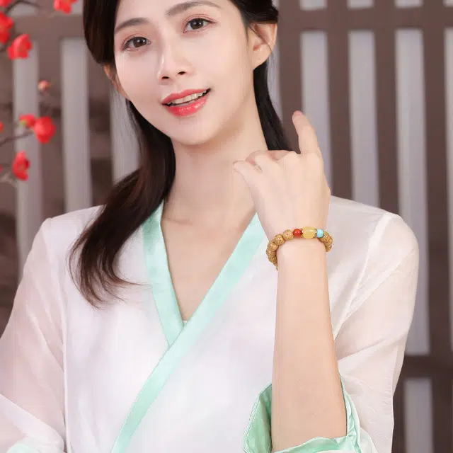 豆蔻时光 原生态黄金籽配蜜蜡南红玛瑙绿松佛珠念珠国风文玩 星月菩提 菩提类手串 男女同款情侣款