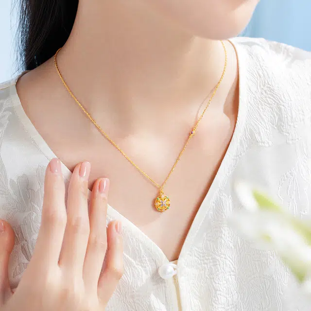六福珠宝 四合如意团花纹珐琅工艺事事如意#好运 足金 按克计价 黄金项链 女款