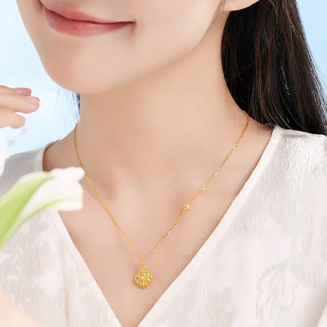 六福珠宝 四合如意团花纹珐琅工艺事事如意#好运 足金 按克计价 黄金项链 女款