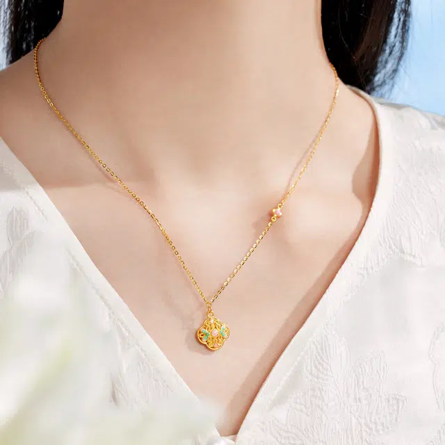 六福珠宝 四合如意团花纹珐琅工艺事事如意#好运 足金 按克计价 黄金项链 女款
