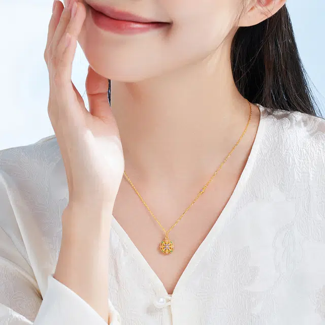 六福珠宝 四合如意团花纹珐琅工艺事事如意#好运 足金 按克计价 黄金项链 女款