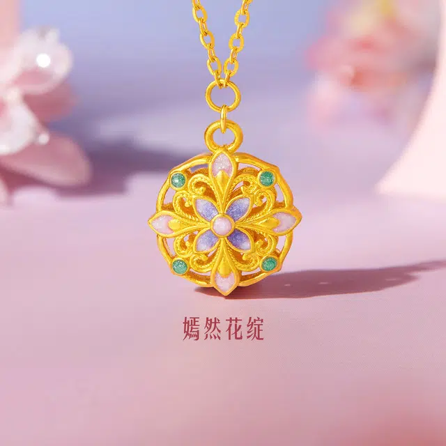 六福珠宝 四合如意团花纹珐琅工艺事事如意#好运 足金 按克计价 黄金项链 女款