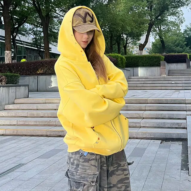 港仔文艺男 美式彩绣卡通图案字母设计感落肩上衣开衫外套休闲百搭宽松简约连帽卫衣 男女同款