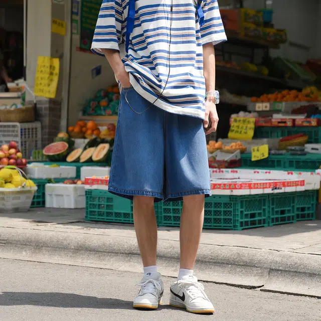 港仔文艺男 纯色透气简约日系休闲五分裤宽松百搭牛仔短裤 男女同款