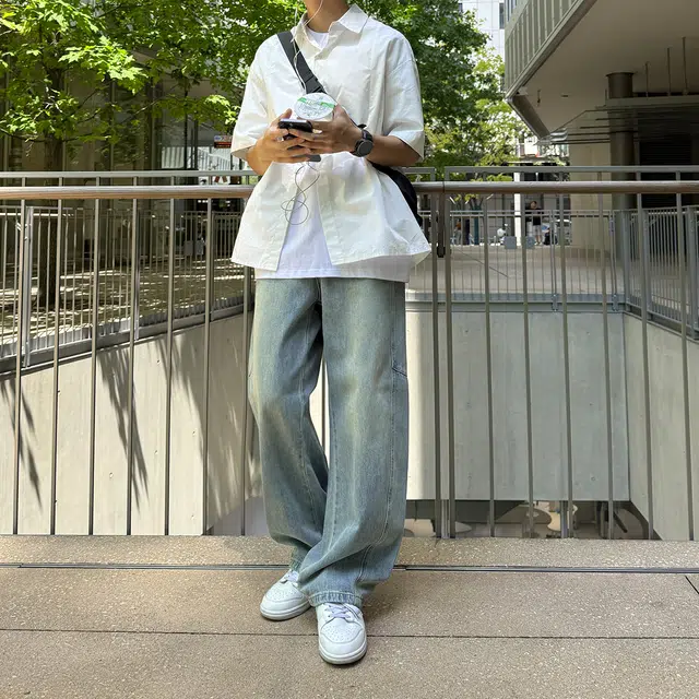 港仔文艺男 美式复古水洗做旧拼接解构休闲宽松垂感直筒裤阔腿百搭牛仔裤 男女同款