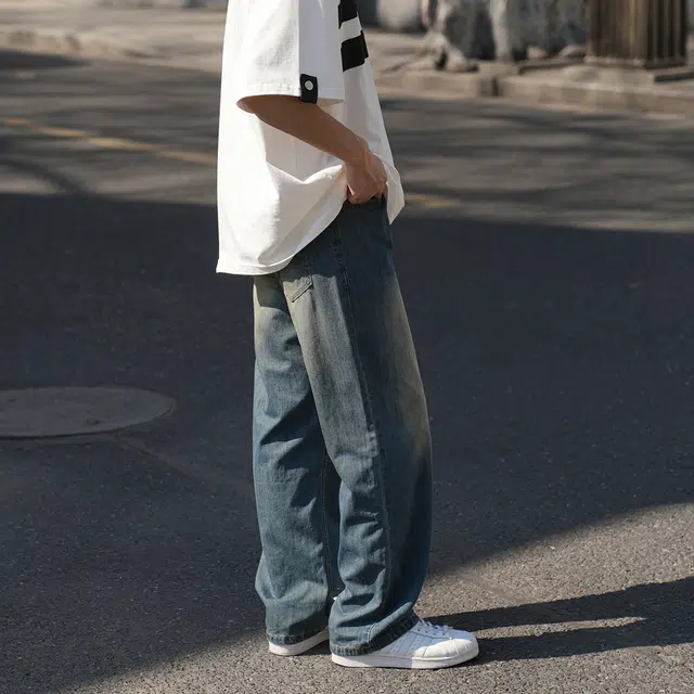 港仔文艺男 莱赛尔冰丝凉感水洗做旧薄款速干阔腿直筒裤休闲百搭牛仔裤 男女同款