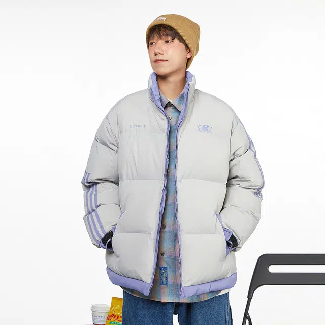 港仔文艺男 条纹撞色学院风立领棉服冬季宽松加厚保暖面包服外套 男女同款