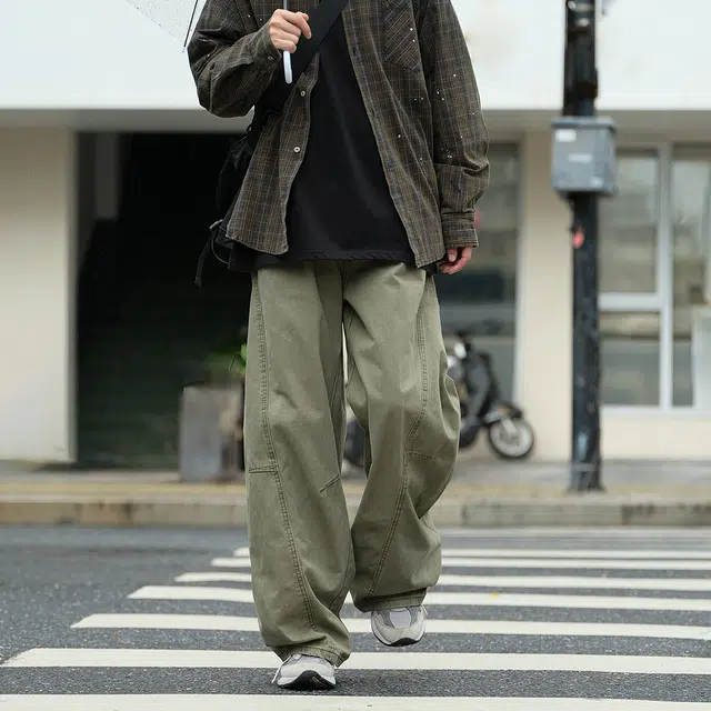 港仔文艺男 褶皱拼接解构户外运动直筒垂感日系阔腿工装裤宽松简约休闲裤 男女同款