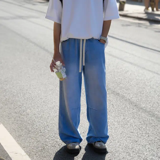 港仔文艺男 莱赛尔天丝凉感透气拼接渐变色设计抽绳垂感直筒裤休闲百搭简约宽松牛仔裤 男女同款