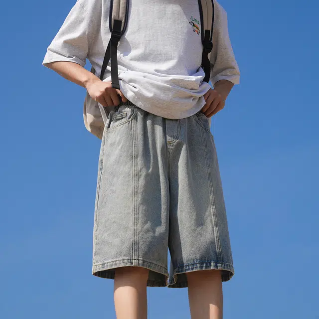 港仔文艺男 水洗做旧薄款拼接美式潮牌直筒五分裤休闲百搭牛仔短裤 男女同款