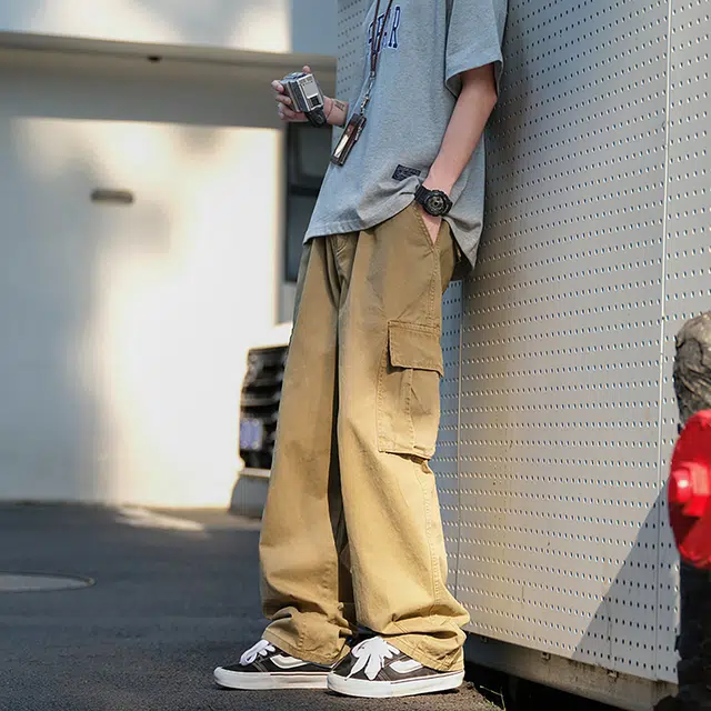 港仔文艺男 拼接结构侧面口袋肤感户外运动垂感工装裤日系复古宽松百搭休闲裤 男女同款