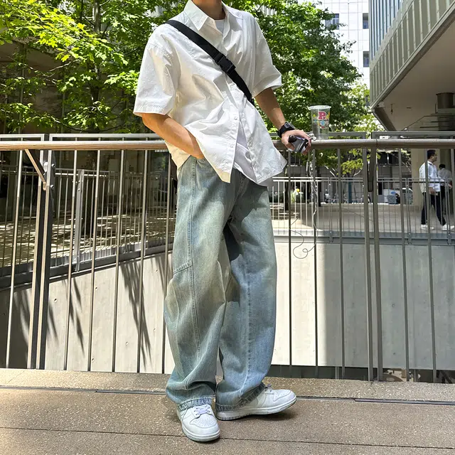 港仔文艺男 美式复古水洗做旧拼接解构休闲宽松垂感直筒裤阔腿百搭牛仔裤 男女同款