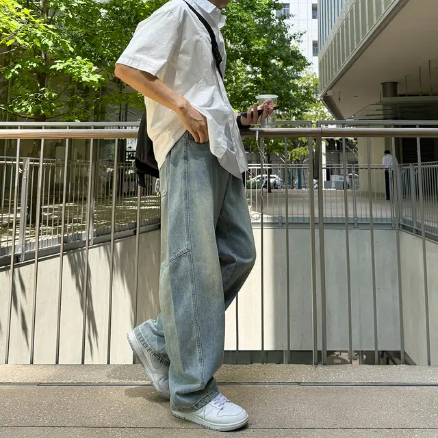 港仔文艺男 美式复古水洗做旧拼接解构休闲宽松垂感直筒裤阔腿百搭牛仔裤 男女同款