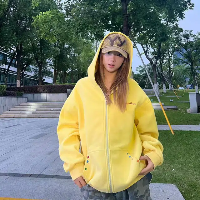 港仔文艺男 美式彩绣卡通图案字母设计感落肩上衣开衫外套休闲百搭宽松简约连帽卫衣 男女同款