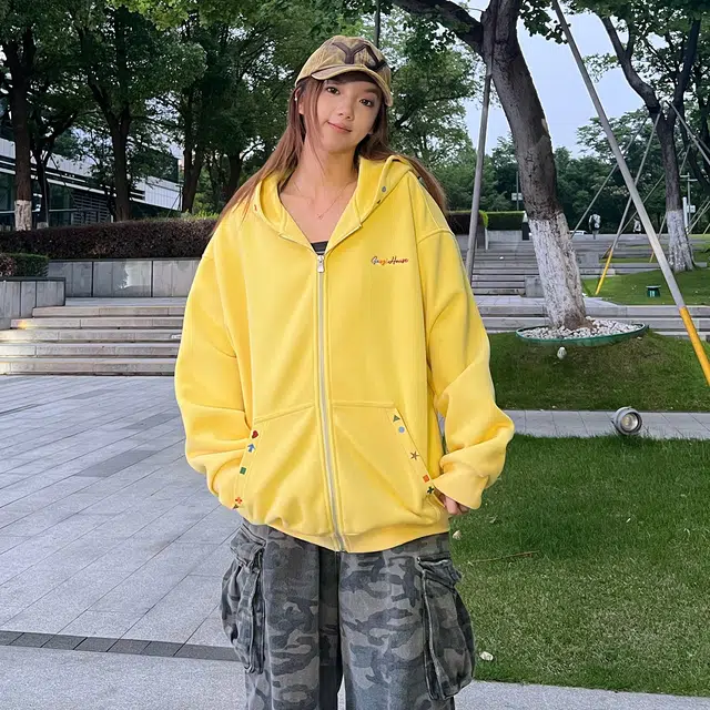 港仔文艺男 美式彩绣卡通图案字母设计感落肩上衣开衫外套休闲百搭宽松简约连帽卫衣 男女同款