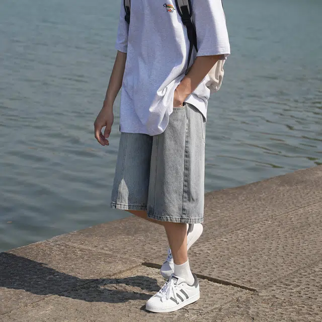 港仔文艺男 水洗做旧薄款拼接美式潮牌直筒五分裤休闲百搭牛仔短裤 男女同款